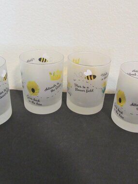 4 Culver Frosted Bee Daisy Dandelion Glasses Painted Enamel Embossed Old Fashion